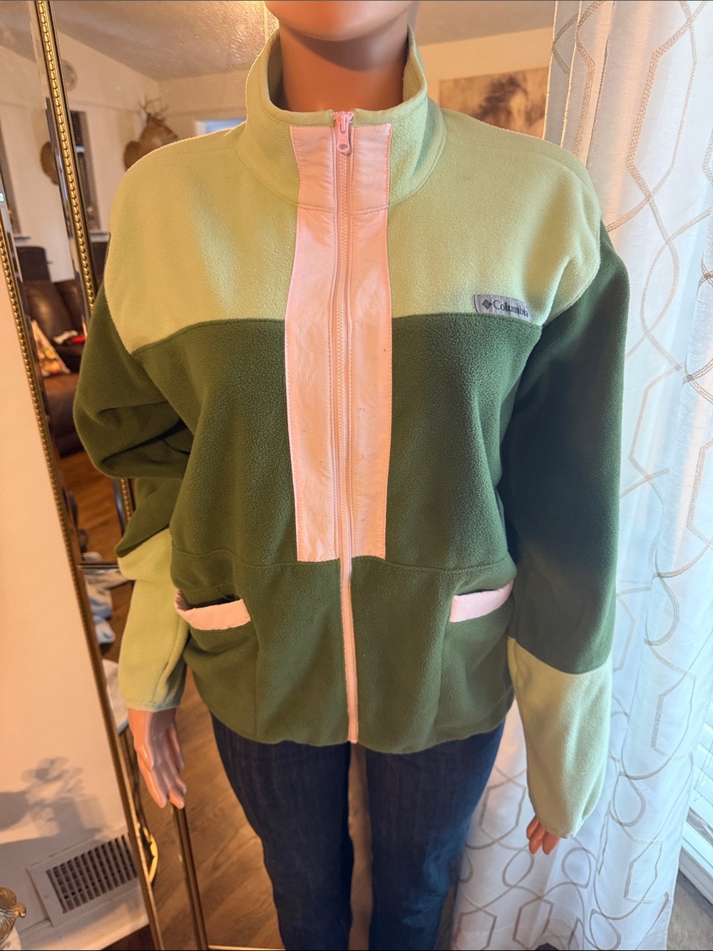Columbia Two-Tone Green Fleece Jacket with Pink Trim